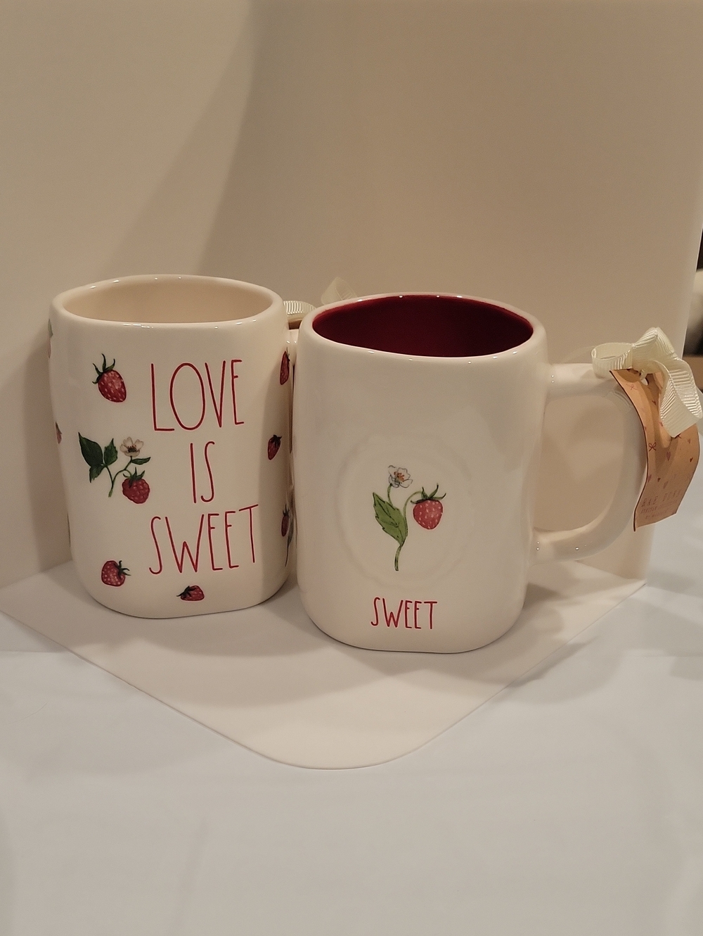 Rae Dunn Love Is Sweet White Strawberry Ceramic Mug - Set of 2
